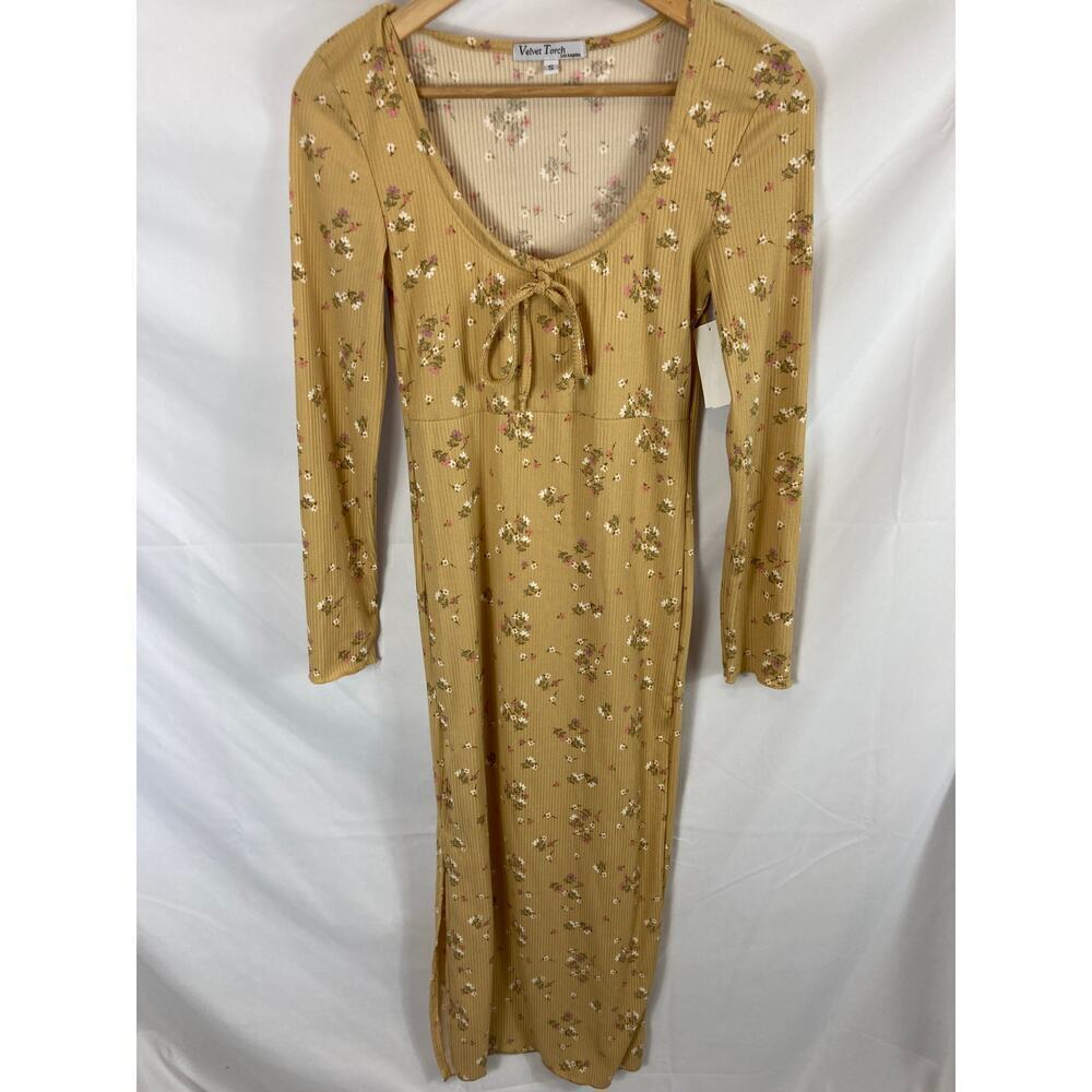 NWT Velvet Torch Brown Floral Midi Dress Long Sleeve Size small